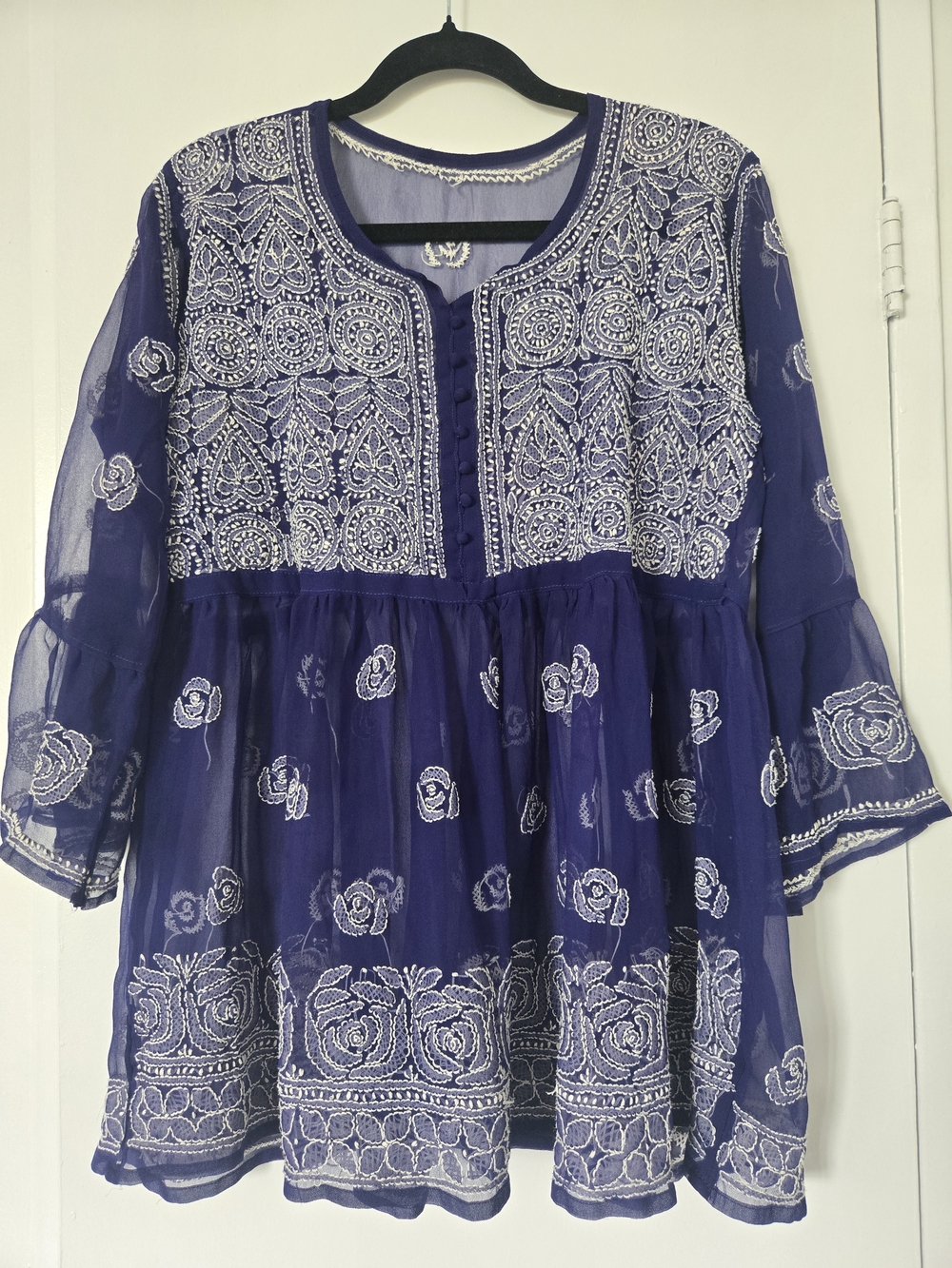 Embroidered Navy Blue Women’s Peasant Blouse